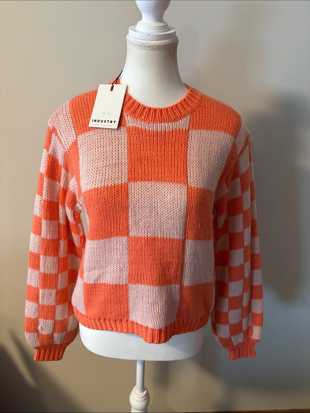 NWT Industry Orange and Pink Checkerboard Crewneck Long Puff Sleeve Sweater. Sm